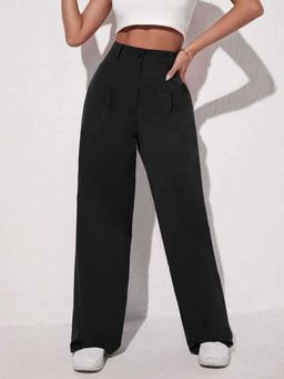 BROADSTAR - Women Black Color Straight Fit Korean Casual Trousers