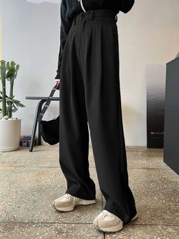 BROADSTAR - Women Black Color Loose Fit Korean Casual Trousers