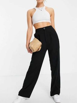 BROADSTAR - Women Black Color Straight Fit Korean Casual Trousers