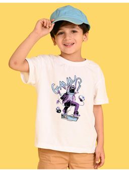 Nusyl - Boys White Gamer Text Printed Cotton Blend Oversized T-Shirt