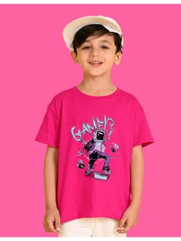 Nusyl - Boys Hot Pink Gamer Text Printed Cotton Blend Oversized T-Shirt