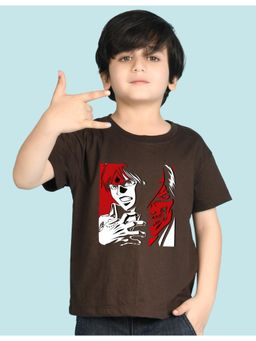 Nusyl - Boys Brown Anime & Text Printed Cotton Blend Oversized T-shirt