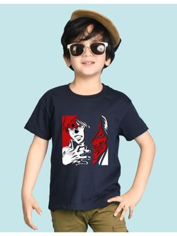Nusyl - Boys Navy Blue Anime & Text Printed Cotton Blend Oversized T-shirt