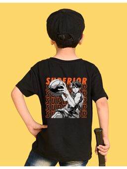 Nusyl - Boys Black Superior Text Printed Cotton Blend Oversized T-shirt