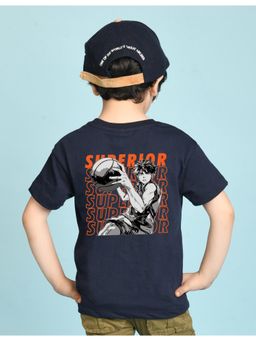 Nusyl - Boys Navy Blue Superior Text Printed Cotton Blend Oversized T-shirt