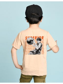Nusyl - Boys Beige Superior Text Printed Cotton Blend Oversized T-shirt