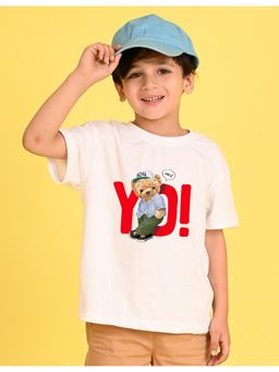 Nusyl - Boys White Teddy Bear & Text Printed Cotton Blend Oversized T-shirt