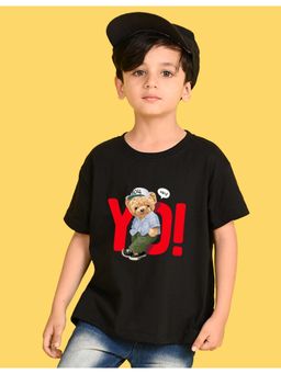Nusyl - Boys Black Teddy Bear & Text Printed Cotton Blend Oversized T-shirt