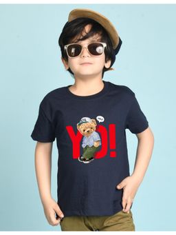Nusyl - Boys Navy Blue Teddy Bear & Text Printed Cotton Blend Oversized T-shirt