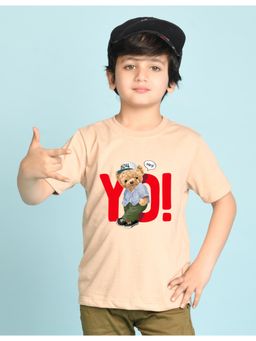 Nusyl - Boys Beige Teddy Bear & Text Printed Cotton Blend Oversized T-shirt