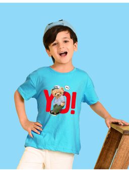 Nusyl - Boys Sky Blue Teddy Bear & Text Printed Cotton Blend Oversized T-shirt