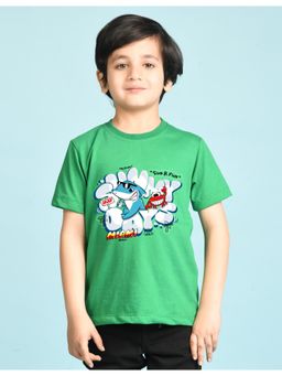 Nusyl - Boys Green Shark & Text Printed Cotton Blend Oversized T-shirt