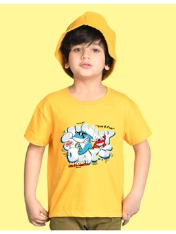 Nusyl - Boys Yellow Shark & Text Printed Cotton Blend Oversized T-shirt