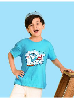 Nusyl - Boys Sky Blue Shark & Text Printed Cotton Blend Oversized T-shirt
