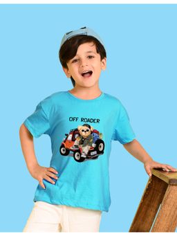 Nusyl - Boys Sky Blue Off Roader Text Printed Cotton Blend Oversized T-shirt