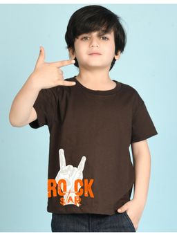 Nusyl - Boys Brown Rock Star Text Printed Cotton Blend Oversized T-shirt