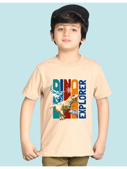 Nusyl - Boys Beige Dinosaur & Text Printed Cotton Blend Oversized T-shirt