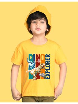 Nusyl - Boys Yellow Dinosaur & Text Printed Cotton Blend Oversized T-shirt