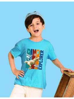 Nusyl - Boys Sky Blue Dinosaur & Text Printed Cotton Blend Oversized T-shirt