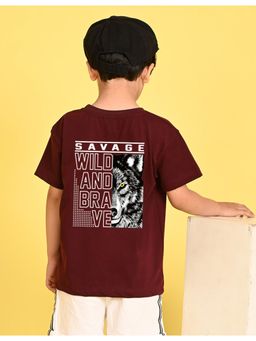 Nusyl - Boys Wine Savage Text Printed Cotton Blend Oversized T-shirt