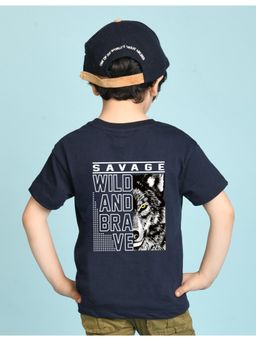 Nusyl - Boys Navy Blue Savage Text Printed Cotton Blend Oversized T-shirt