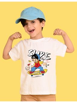 Nusyl - Boys White Slipe Text Printed Cotton Blend Oversized T-shirt