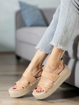 ELLE - Beige Buckled Laser Cut Comfortable Sandal