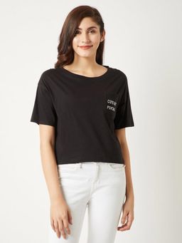Miss Chase - Womens Black Round Neck Half Sleeve Solid Embroidered Pocket Boxy T-shirt