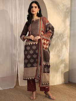 Libas - Brown Cotton Blend Kurta With Pant & Dupatta