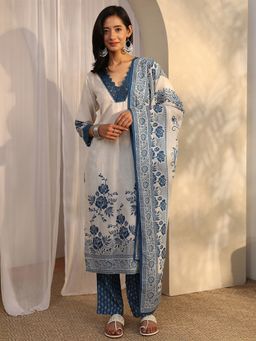 Libas - White Cotton Blend Kurta With Pant & Dupatta
