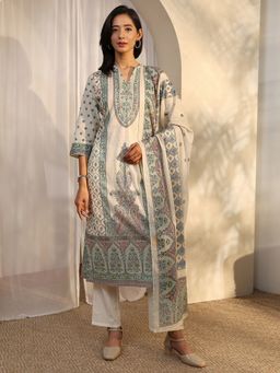 Libas - White Cotton Blend Kurta With Pant & Dupatta