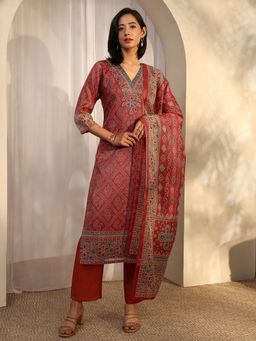 Libas - Rust Silk Blend Kurta With Pant & Dupatta