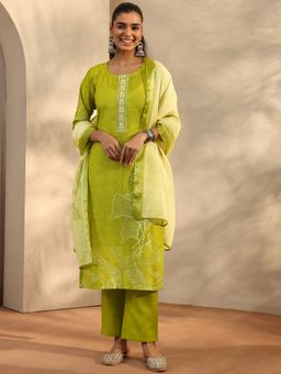 Libas - Green Linen Kurta With Pant & Dupatta