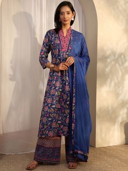 Libas - Blue Cotton Blend Anarkali Kurta With Palazzo & Dupatta