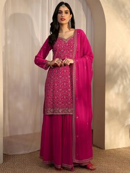 Libas Art - Pink Georgette Kurta With Palazzo & Dupatta