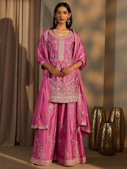 Libas Art - Pink Chinon Kurta With Palazzo & Dupatta