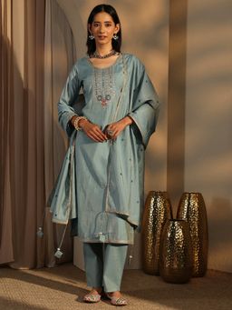 Libas - Grey Silk Blend Kurta With Pant & Dupatta