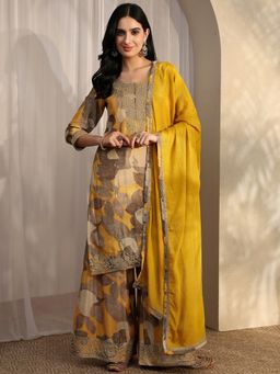 Libas - Mustard Chinon Kurta With Palazzo & Dupatta
