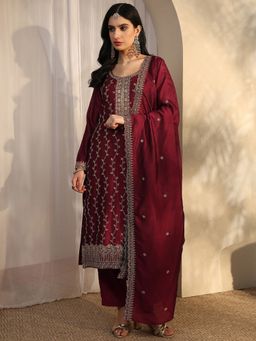 Libas - Maroon Silk Blend Kurta With Pant & Dupatta
