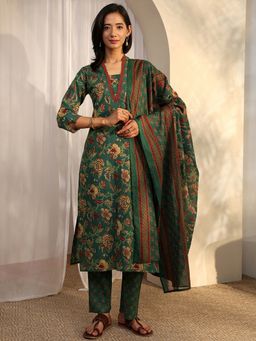 Libas - Green Cotton Blend Kurta With Palazzo & Dupatta