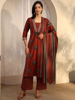 Libas - Red Cotton Blend Kurta With Pant & Dupatta