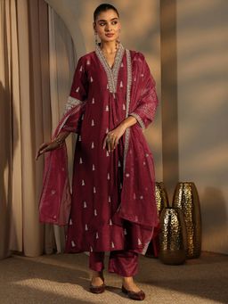 Libas - Maroon Silk Blend Kurta With Pant & Dupatta
