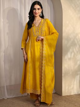 Libas - Yellow Silk Blend Anarkali Kurta With Pant & Dupatta