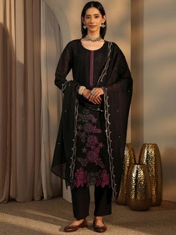 Libas - Black Silk Blend Kurta With Pant & Dupatta