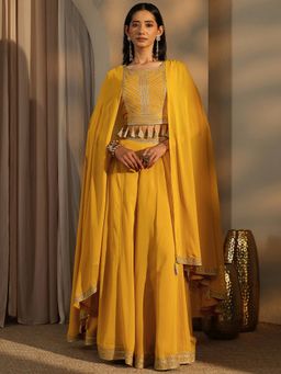 Libas Art - Mustard Georgette Crop Top With Attached Cape With Palazzo