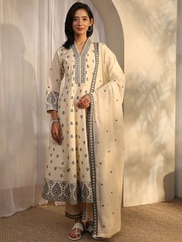 Libas - Off White Cotton Blend Anarkali Kurta With Pant & Dupatta