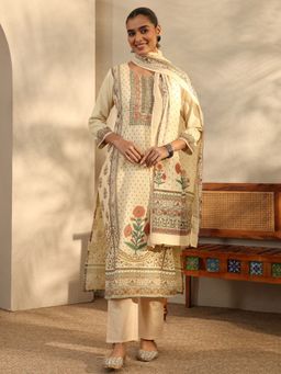 Libas - Beige Cotton Blend Kurta With Pant & Dupatta