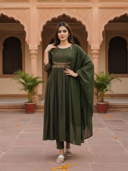 Rangita - Olive Polyviscose Anarkali Kurta With Pant & Dupatta