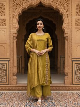 Rangita - Mustard Polyviscose Kurta With Palazzo & Dupatta