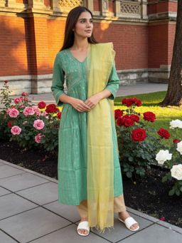Rangita - Green Rayon Anarkali Kurta With Pant & Dupatta